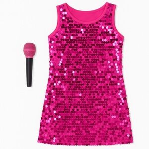 Girls Pink Sequin Pop Star Costume Dress w/ Microphone | Youth Small NWT